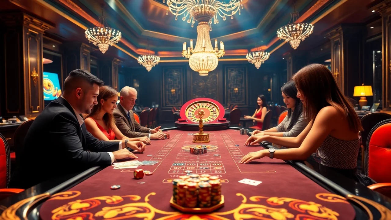 Engaging gameplay at a game bài đổi thưởng table with colorful chips and vibrant casino decor.