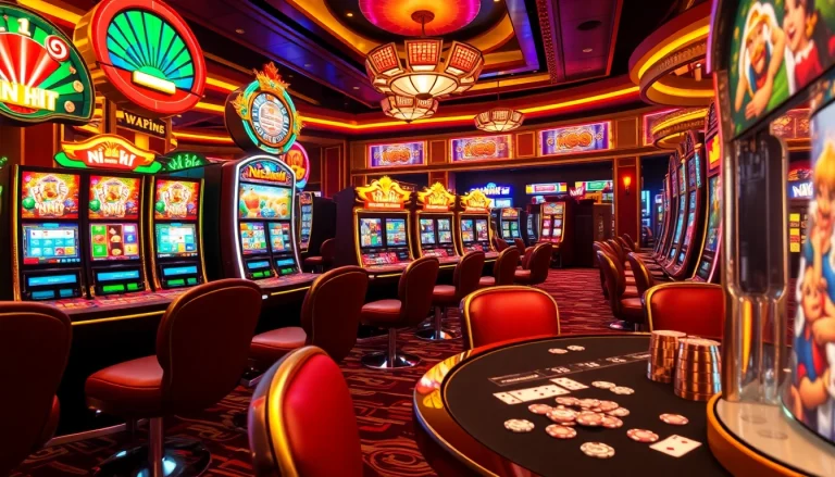 Players engaging with nổ hũ slot machines in a luxurious casino setting filled with vibrant colors.