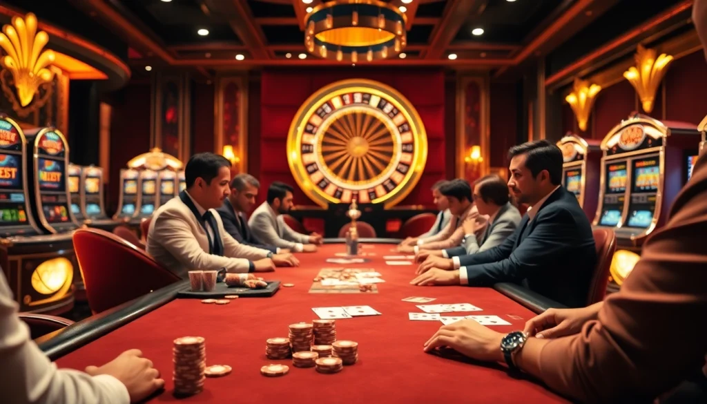 Experience the excitement of cm88 trang chủ with players focused on a thrilling poker game in a vibrant casino atmosphere.