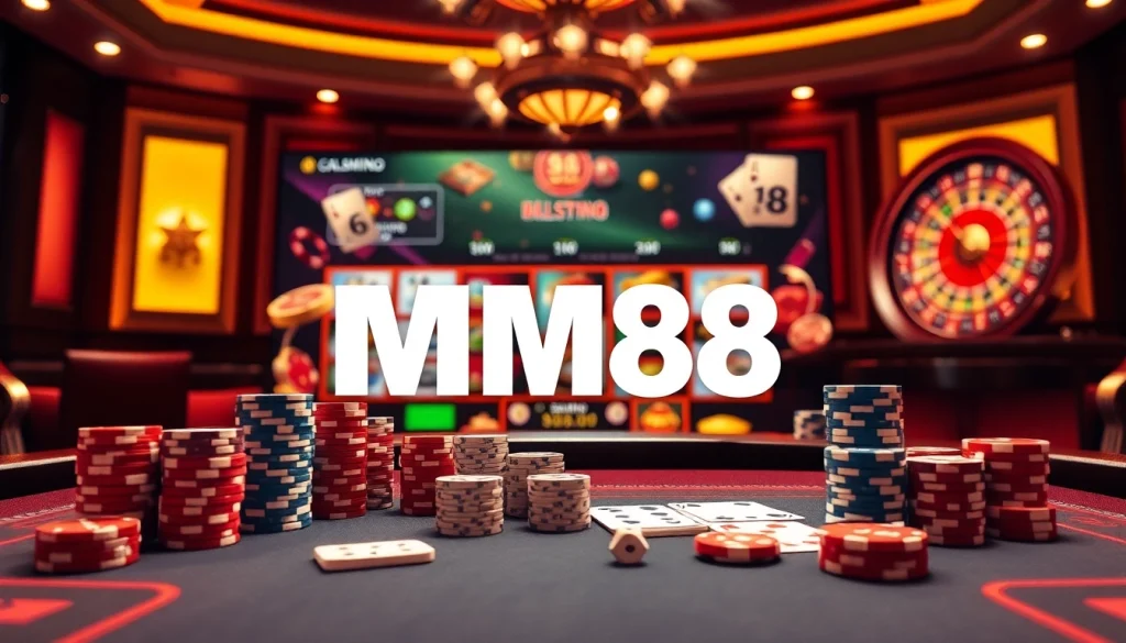 Experience high-stakes excitement at https://mm88.sh/ with vibrant online gambling visuals featuring poker chips and cards.