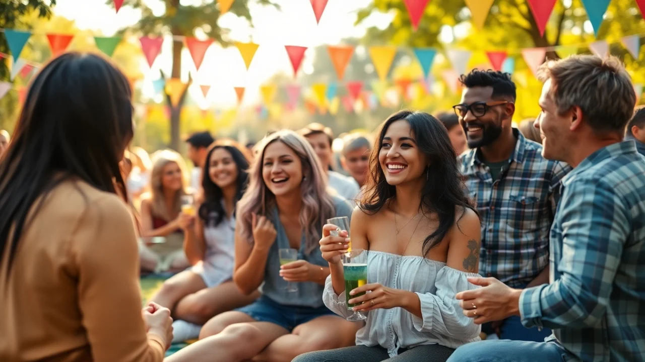 Engaging scene of diverse couples and singles enjoying a fun outdoor event showcasing the spirit of OKFUN.