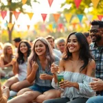 Engaging scene of diverse couples and singles enjoying a fun outdoor event showcasing the spirit of OKFUN.