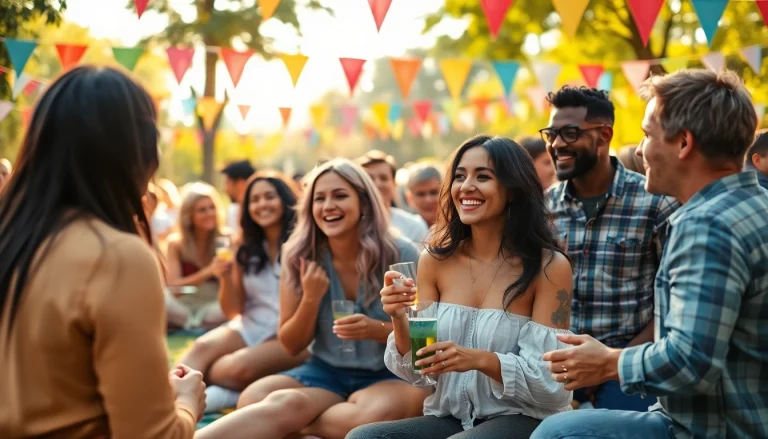 Engaging scene of diverse couples and singles enjoying a fun outdoor event showcasing the spirit of OKFUN.