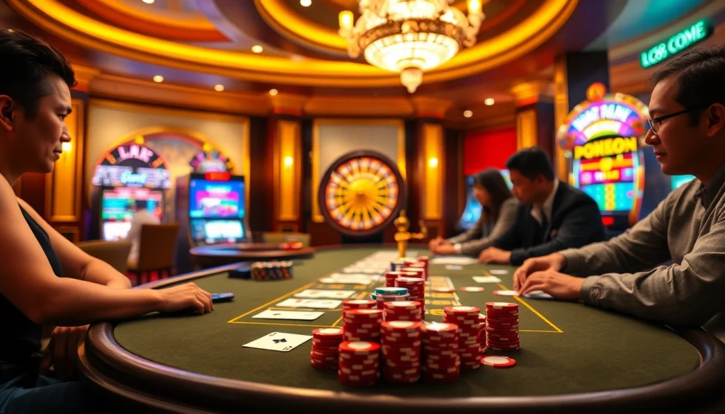 Engaging casino scene featuring players at LC88 COM table with vibrant colors and exciting atmosphere.