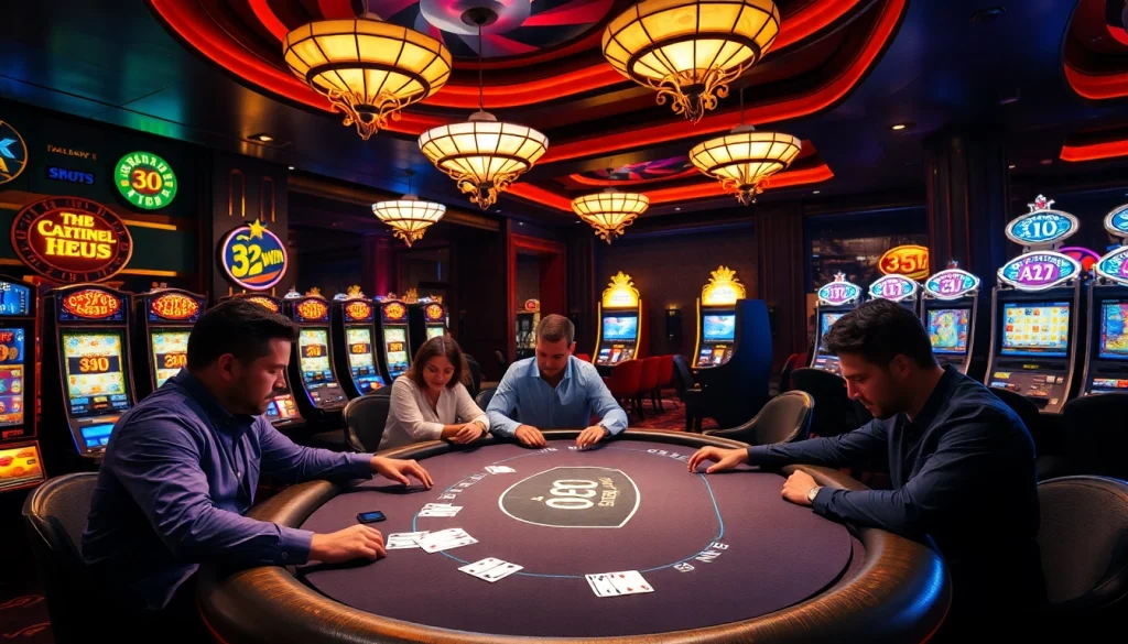 Intense poker gameplay showcasing the thrilling atmosphere of 32win App at a luxurious casino.