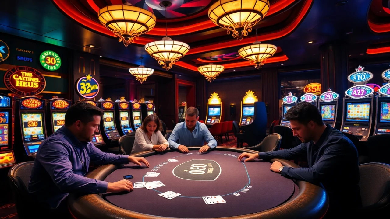 Intense poker gameplay showcasing the thrilling atmosphere of 32win App at a luxurious casino.