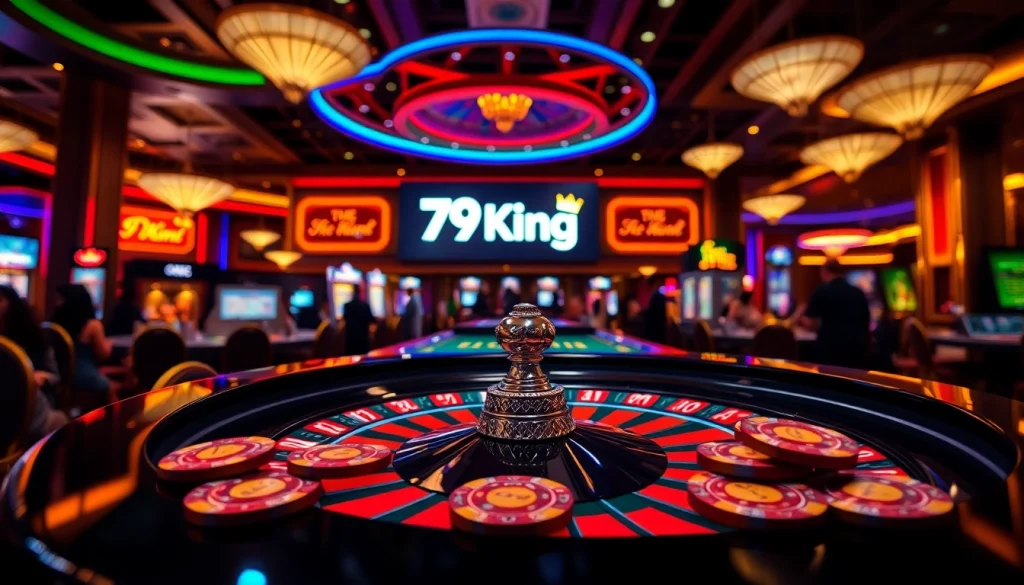 Experience the excitement of 79King with vibrant casino visuals of roulette and poker.