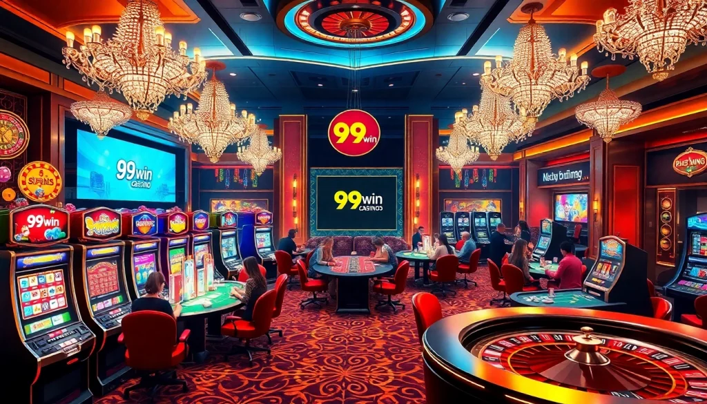 Players enjoying games at https://99wincasino.com/ with vibrant slot machines and poker tables.