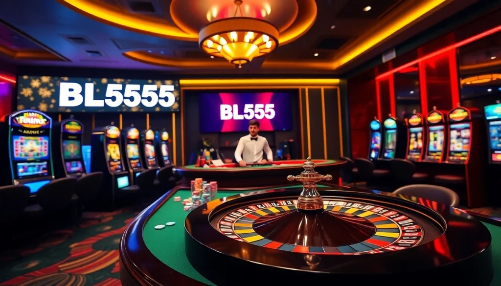 Players enjoy gaming at BL555 casino tables with vibrant roulette wheels and colorful chips.