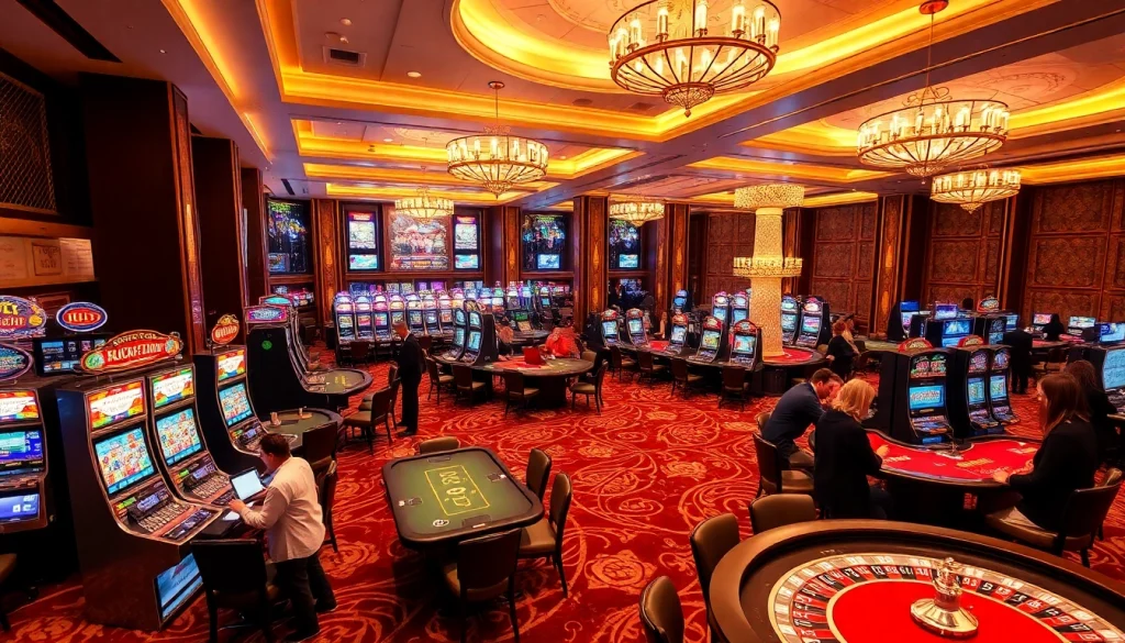 KJC casino players enjoying poker and slot machines in a luxurious gaming environment.