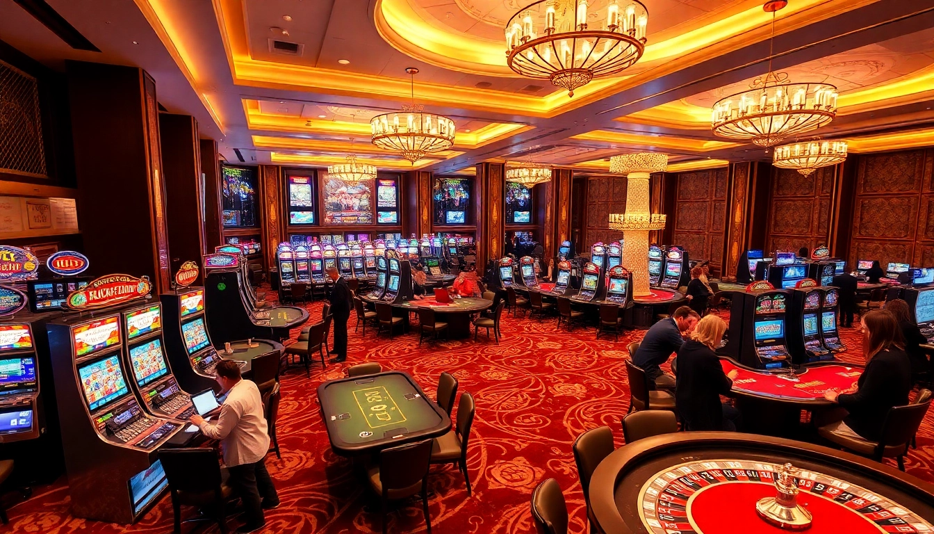 KJC casino players enjoying poker and slot machines in a luxurious gaming environment.