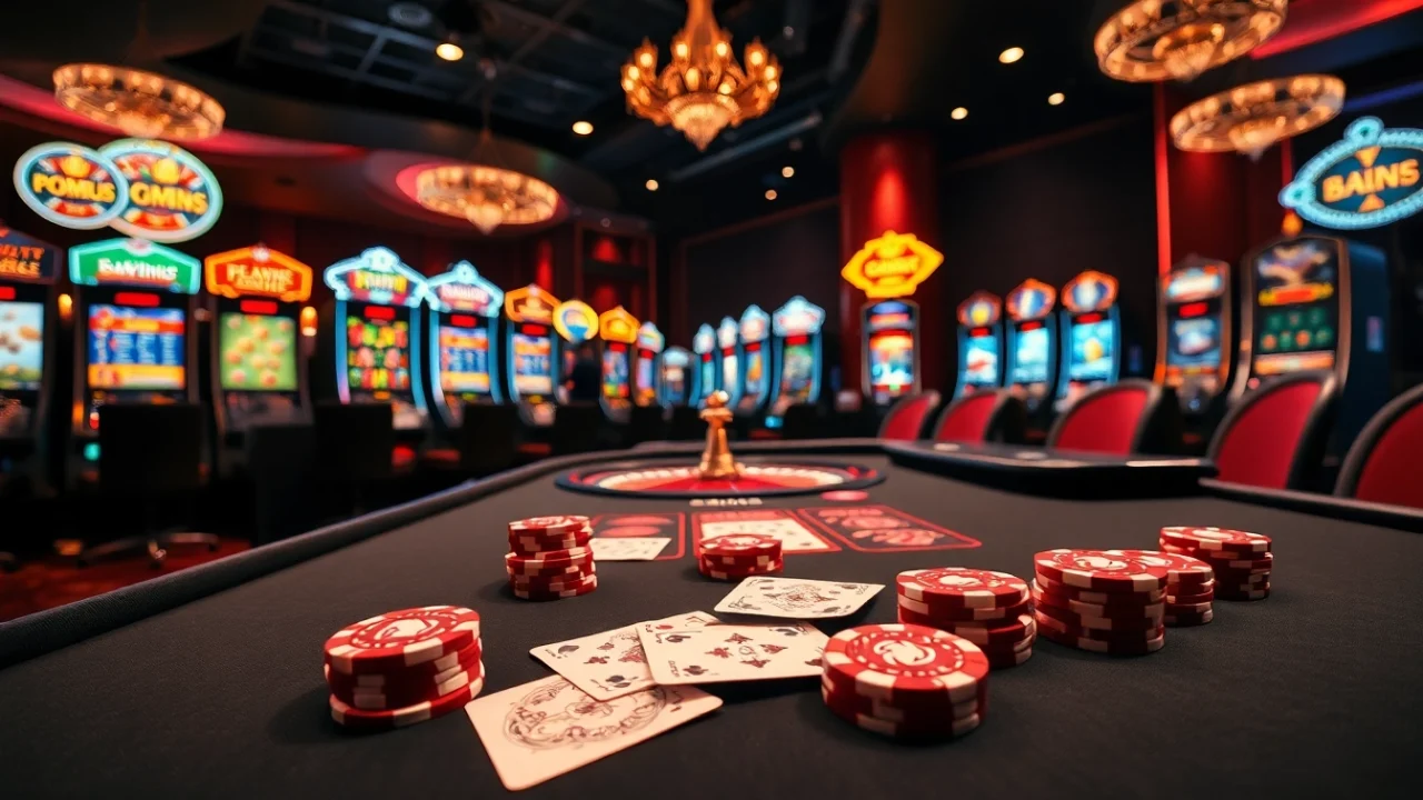 Engaging scene of online gambling at https://sumvip.mom/, featuring poker, roulette, and vibrant slot machines.