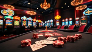 Engaging scene of online gambling at https://sumvip.mom/, featuring poker, roulette, and vibrant slot machines.