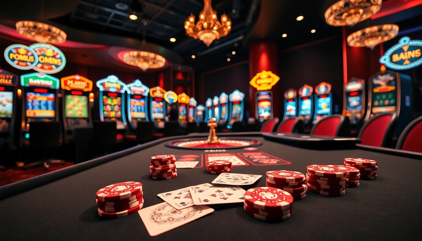 Engaging scene of online gambling at https://sumvip.mom/, featuring poker, roulette, and vibrant slot machines.