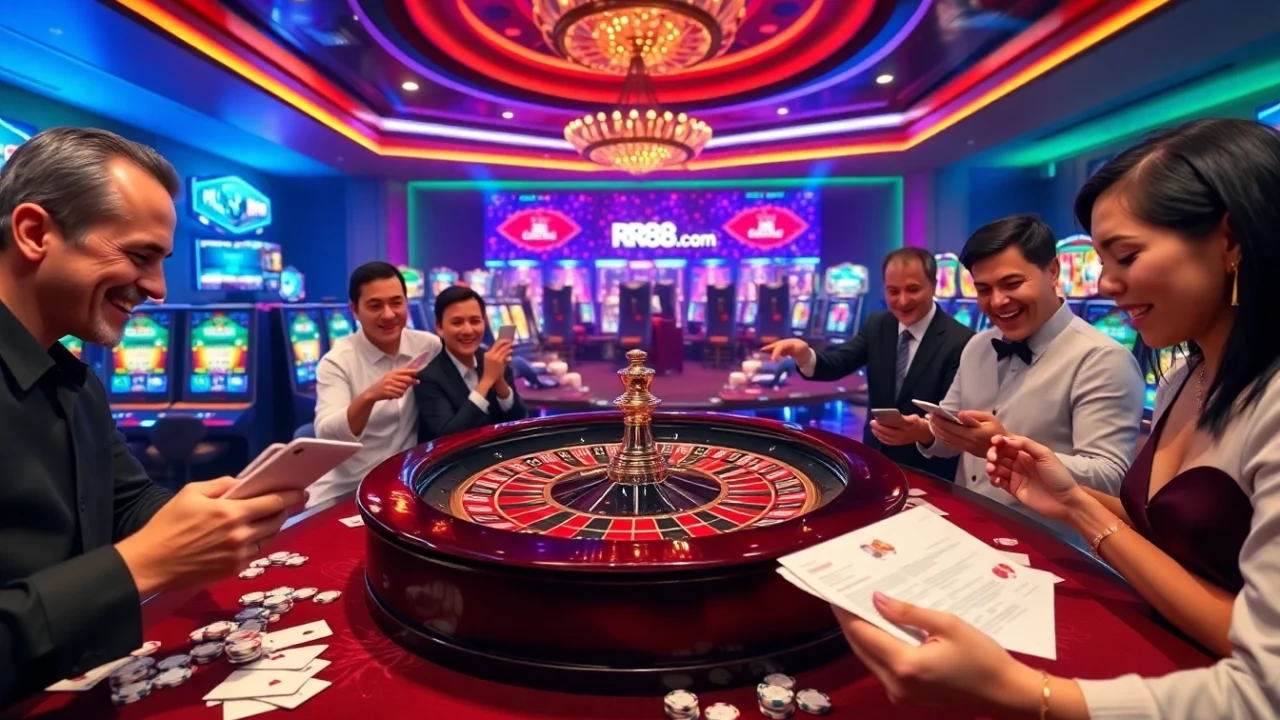 Engaging casino experience with players at the roulette, featuring rr88 com branding.