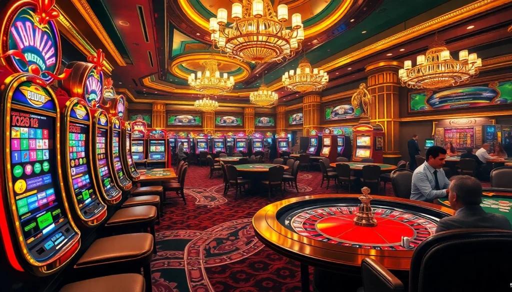Dynamic casino atmosphere featuring okking strategies at poker tables and roulette.