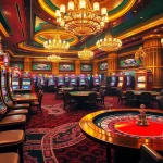 Dynamic casino atmosphere featuring okking strategies at poker tables and roulette.