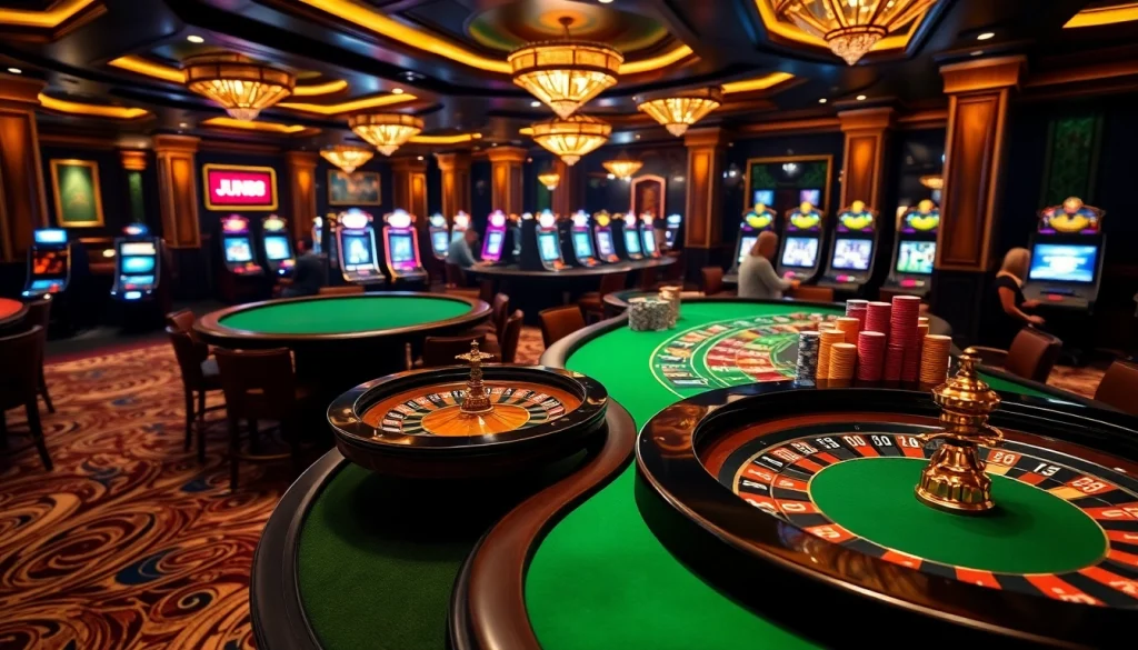 A thrilling JUN88 casino gaming scene showcasing roulette and vibrant chips.