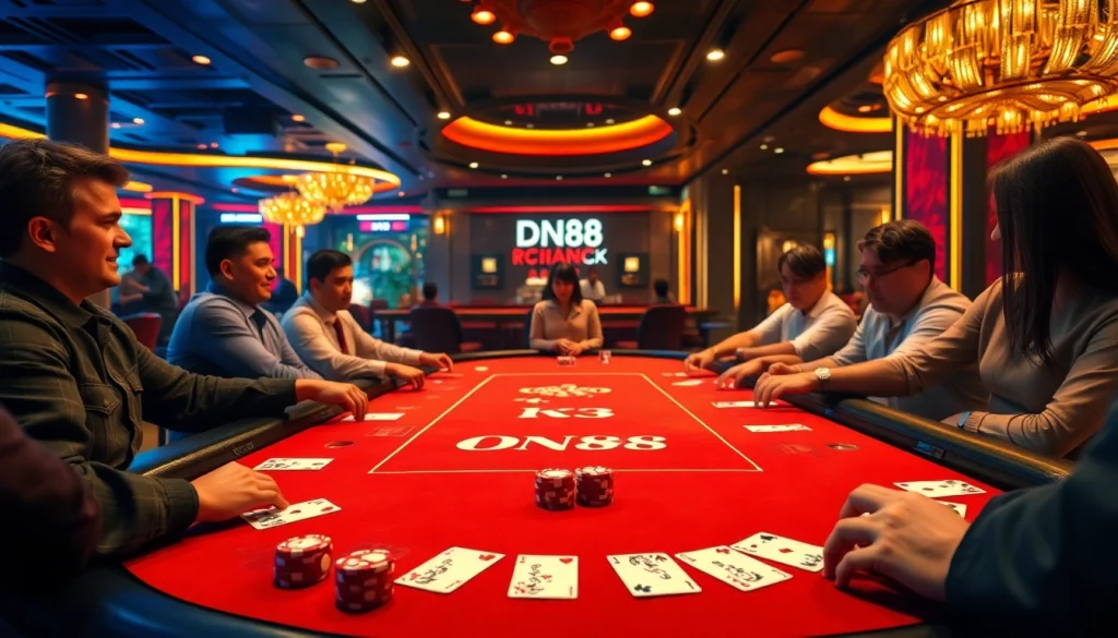 Experience thrilling gameplay with DN88 at a vibrant casino table filled with poker chips and cards.