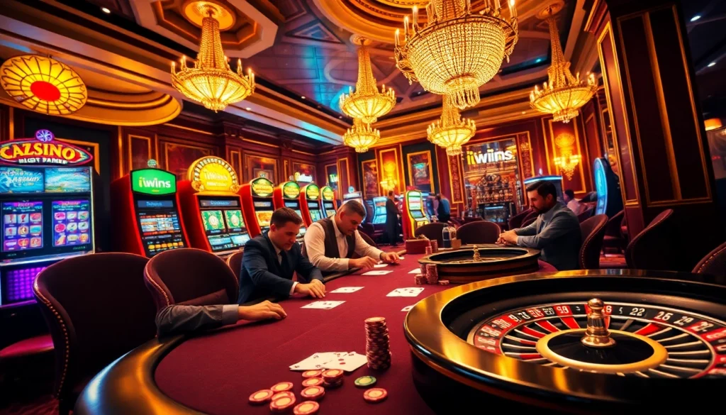 Experience the excitement of gambling at iwins with a vibrant casino scene filled with poker tables and slot machines.