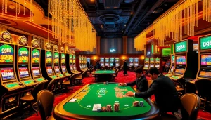 gg88 showcases vibrant slot machines and a busy poker table in a luxurious casino setting