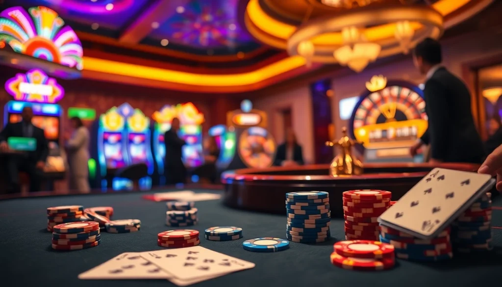 Engaging casino scene at nhà cái 39bet with vibrant slot machines and a poker table.