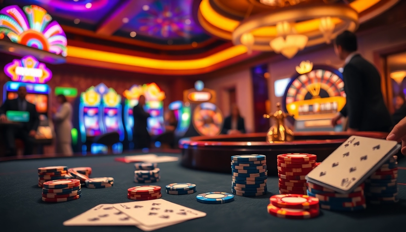 Engaging casino scene at nhà cái 39bet with vibrant slot machines and a poker table.
