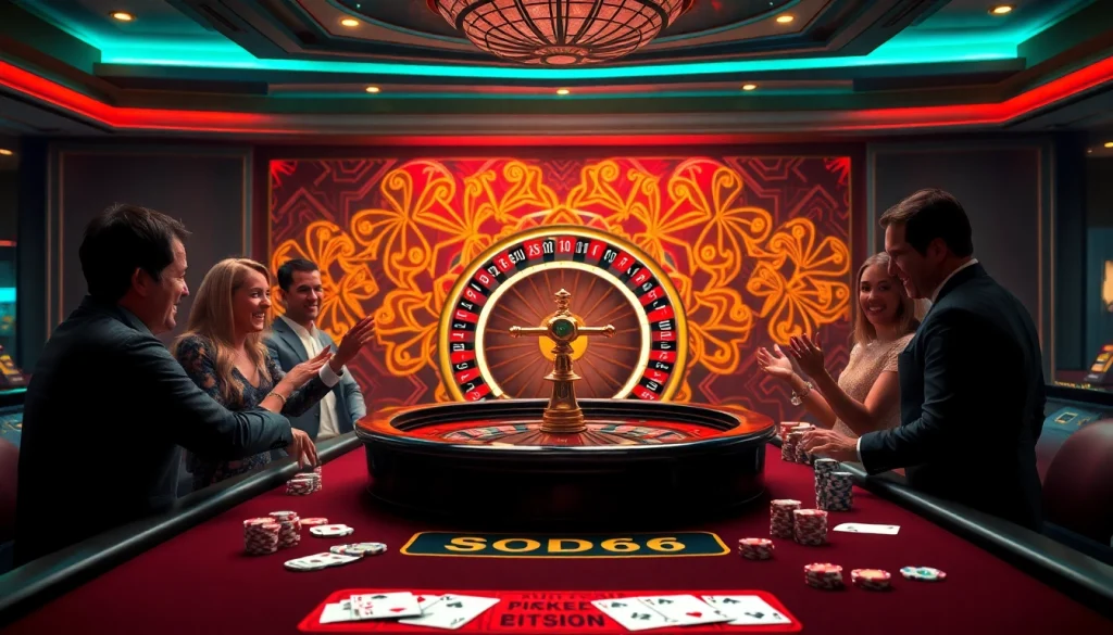 Experience the excitement of SODO66's luxurious gambling atmosphere with a roulette table and engaged players.
