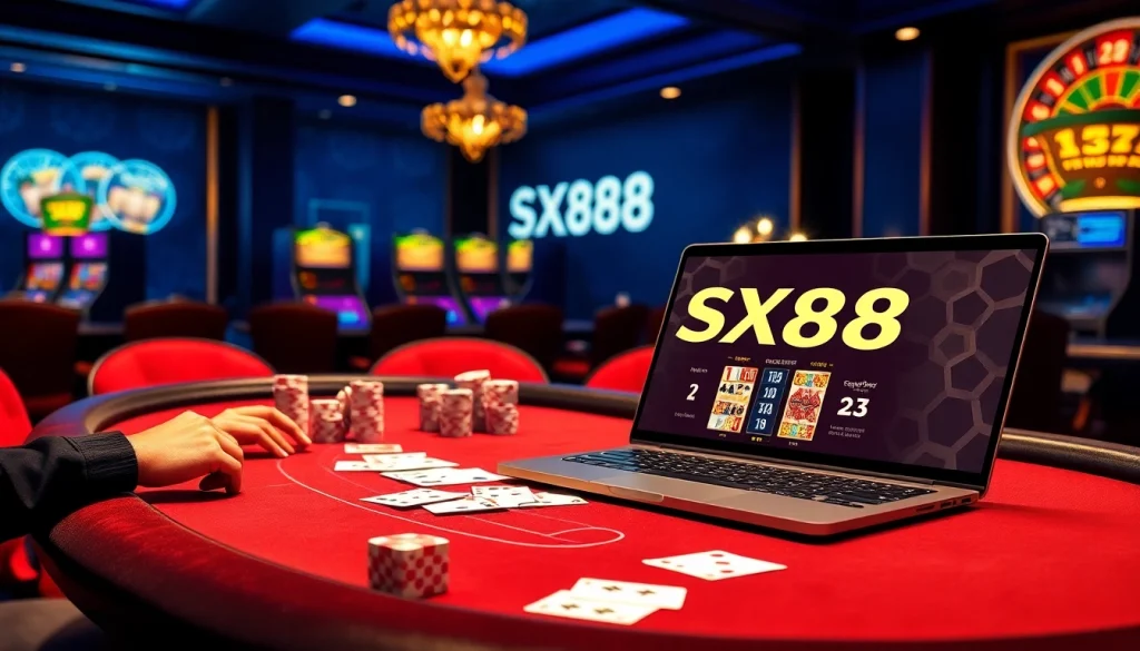 SX88 logo displayed on an online gambling interface amidst a lively casino scene featuring blackjack and slot machines.
