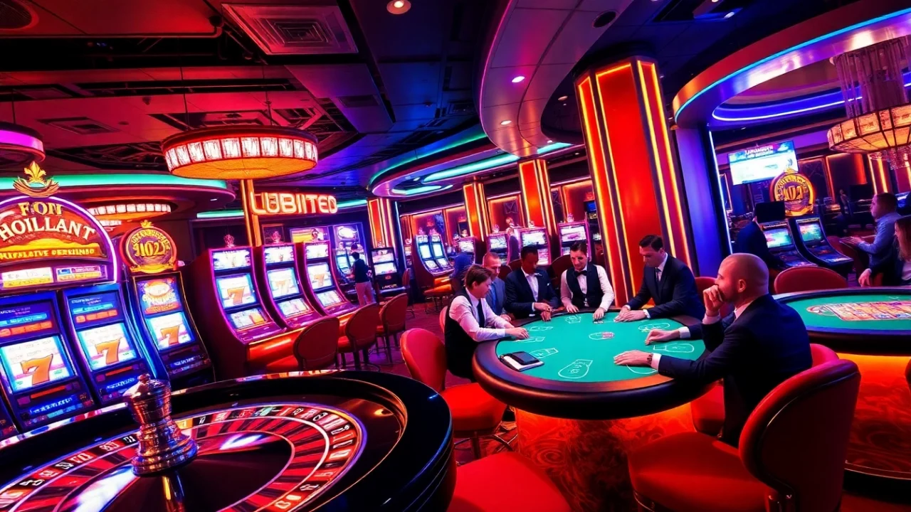 Players enjoying immersive gaming experiences at fly88 casino with vibrant slot machines and roulette tables.