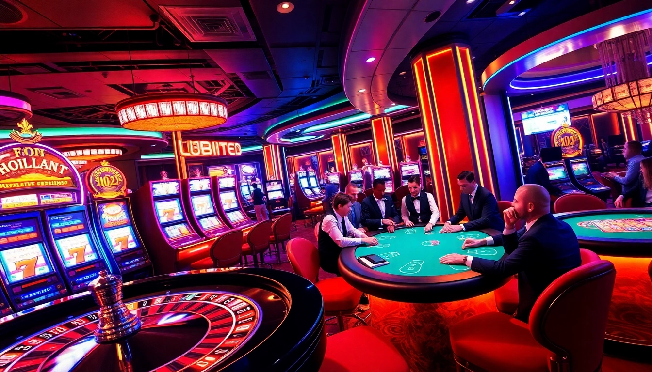 Players enjoying immersive gaming experiences at fly88 casino with vibrant slot machines and roulette tables.
