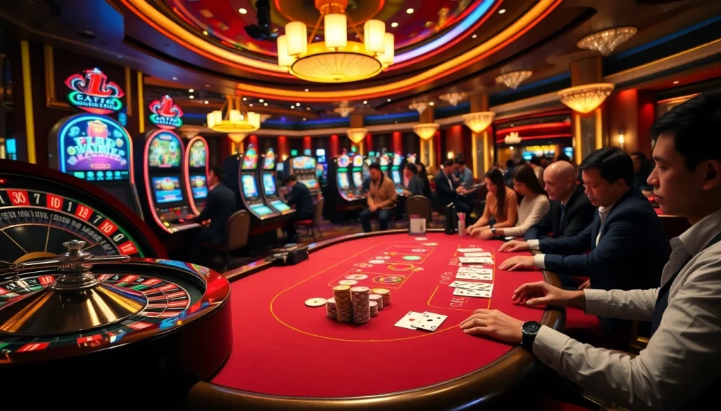 Engaging casino scene showcasing high-stakes poker at https://ski10.org/ with vibrant lighting and colorful chips.