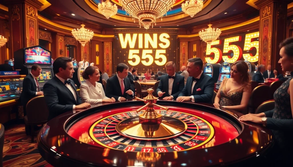 Engaging scene of gamblers at a roulette table highlighting win55 excitement and luxury of the casino.