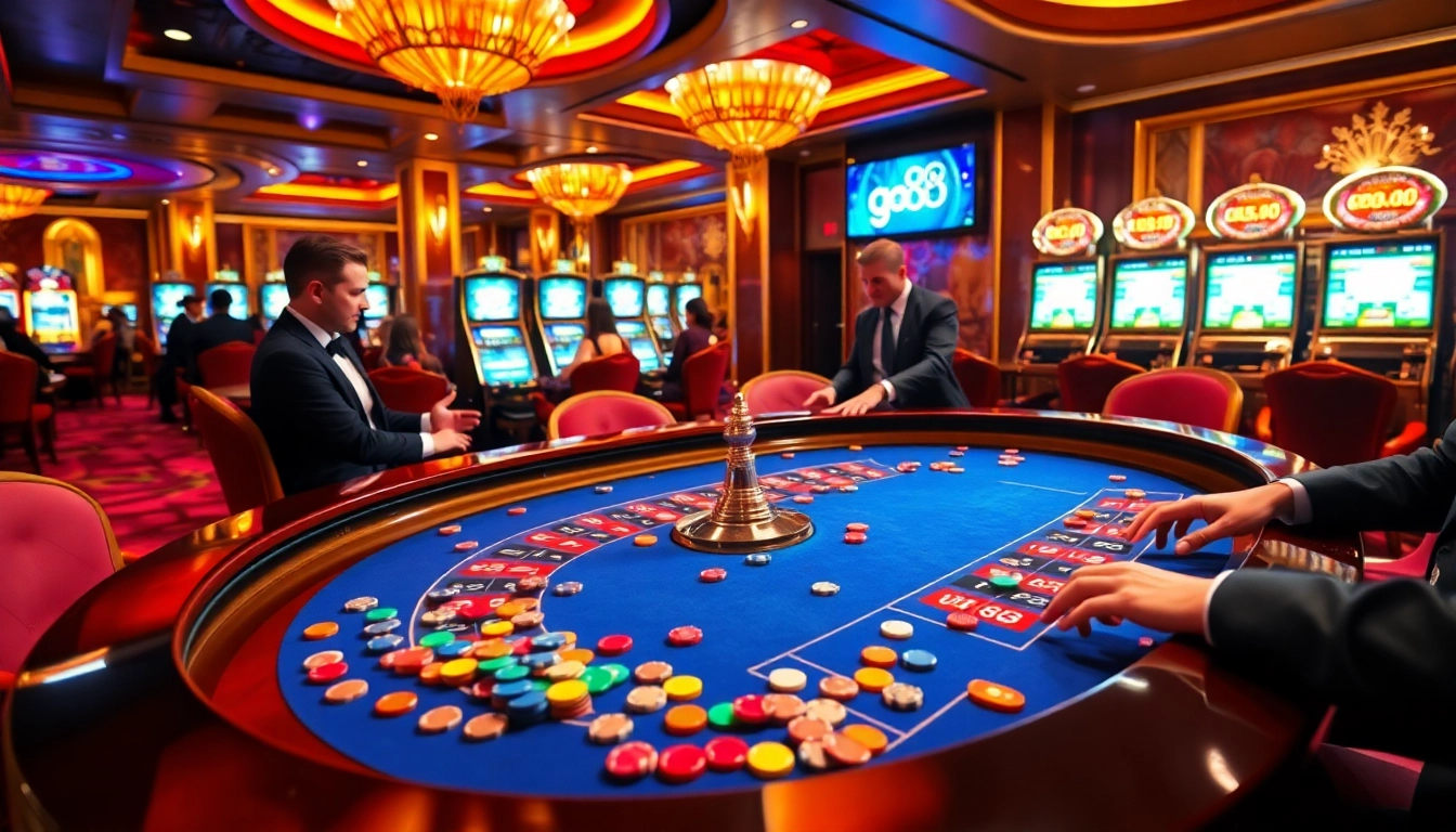 Gamblers at a luxurious casino table playing roulette with "go 88" highlighted among chips and cards.