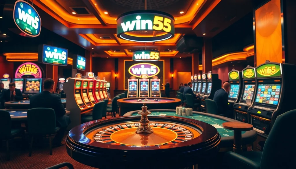 Experience the thrill of gaming at win55 with vibrant casino visuals and engaging table setups.