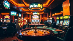 Experience the thrill of gaming at win55 with vibrant casino visuals and engaging table setups.