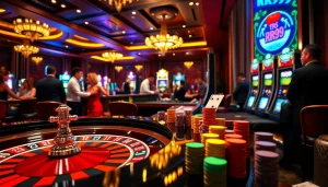 Players enjoying high-stakes gambling with RR99-themed elements at a vibrant casino table.