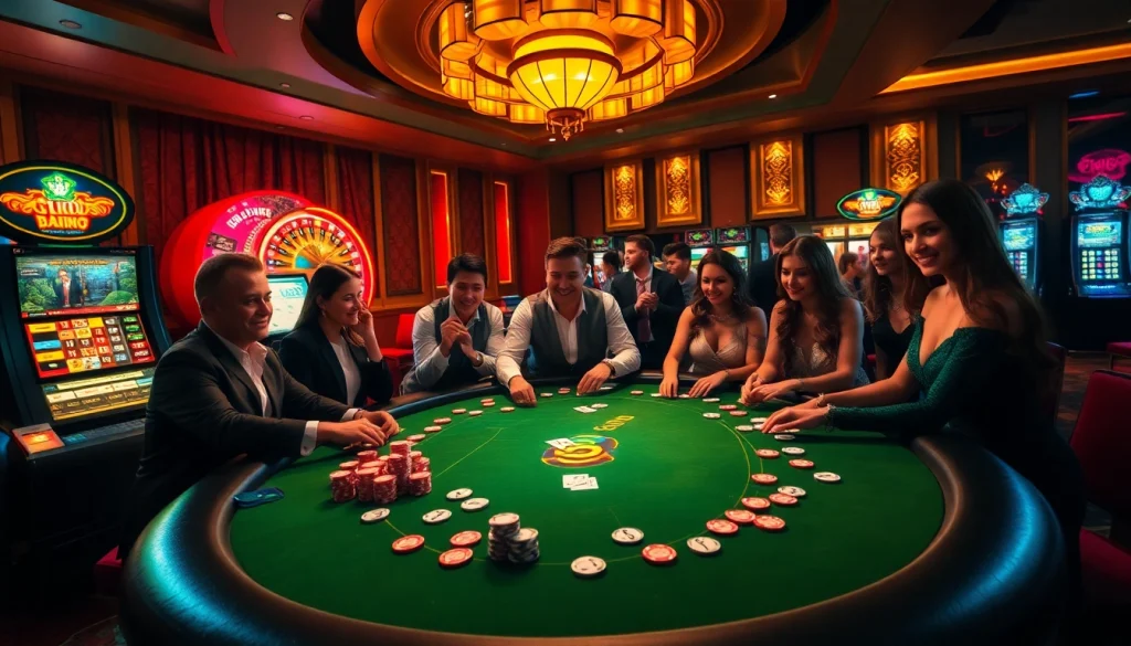 Exciting Go99 casino gaming scene with poker players at a vibrant table filled with colorful chips.
