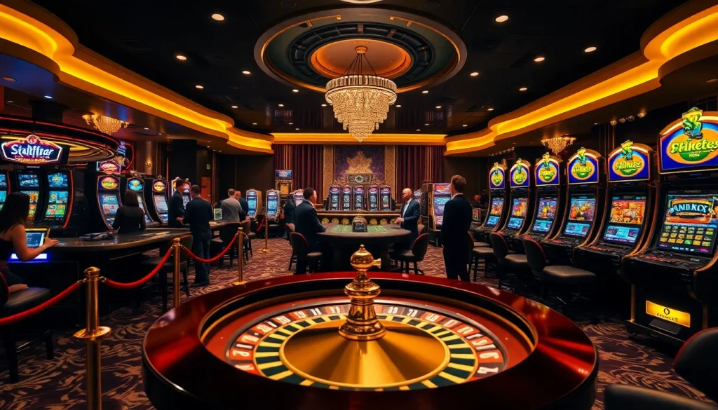 Experience the excitement of gambling at https://soibet.vision/ with players at an upscale casino, showcasing roulette and slot machines.