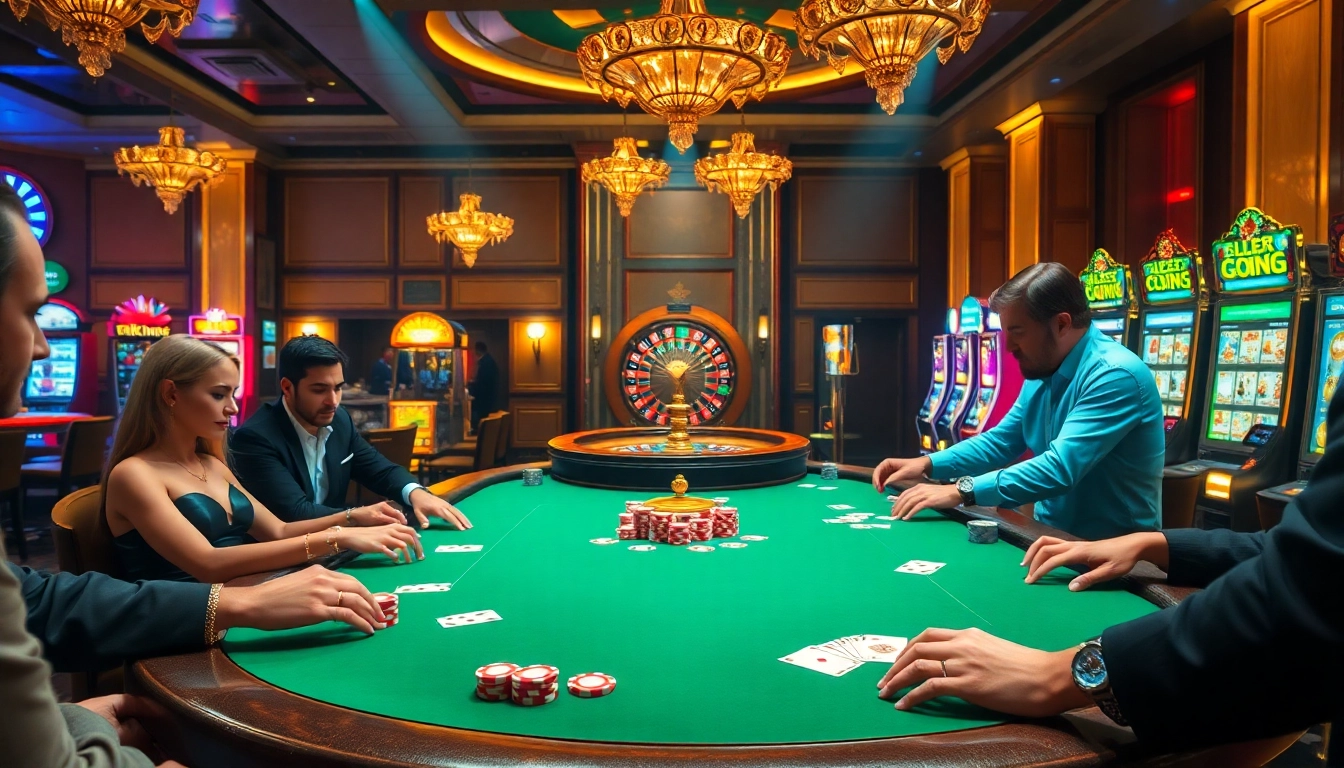 A poker table at 79king with players placing bets, surrounded by vibrant slot machines and poker chips.