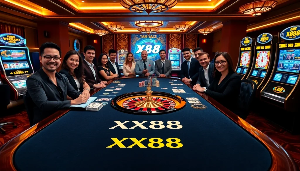 Players enjoying thrilling games at XX88 casino table with poker chips and cards.