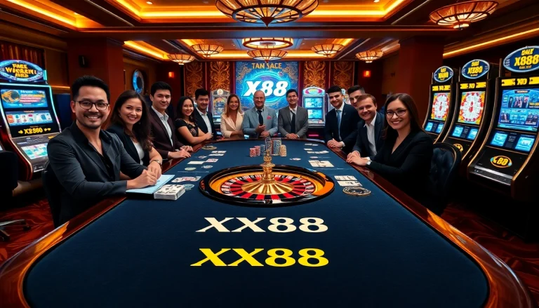 Players enjoying thrilling games at XX88 casino table with poker chips and cards.