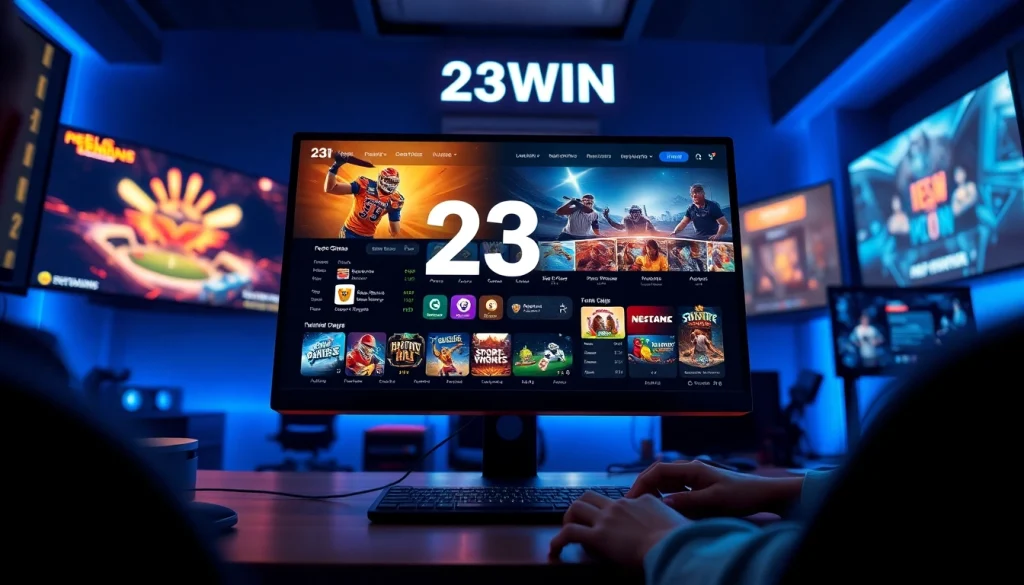 Online gaming interface showcasing 23WIN with vibrant game graphics and user engagement.