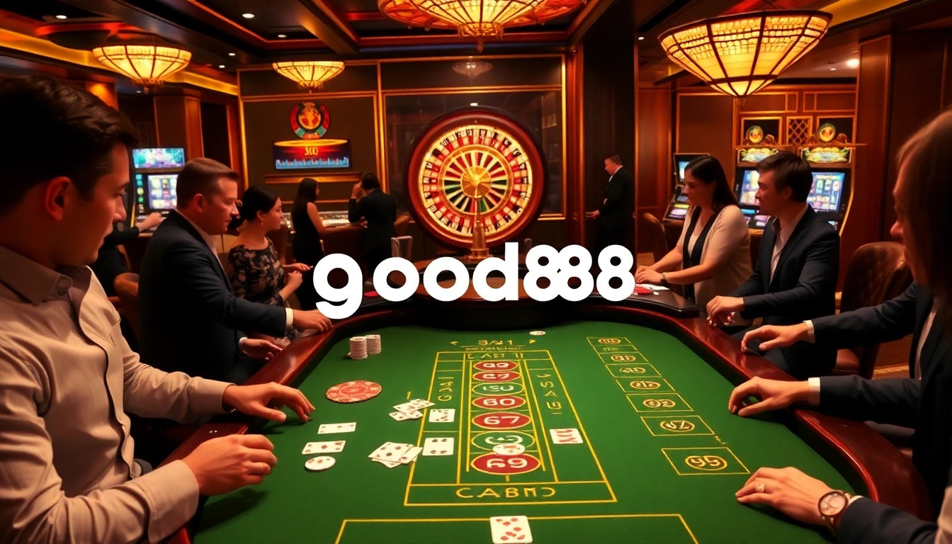 Engaged players at a high-stakes baccarat table showcasing the luxury of good88 casino.