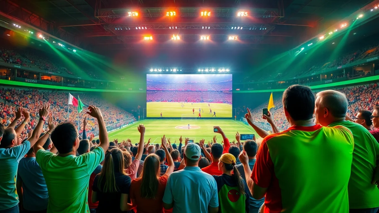 Exciting fans watching live football on Vaoluoi TV in a stadium atmosphere