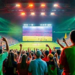 Exciting fans watching live football on Vaoluoi TV in a stadium atmosphere