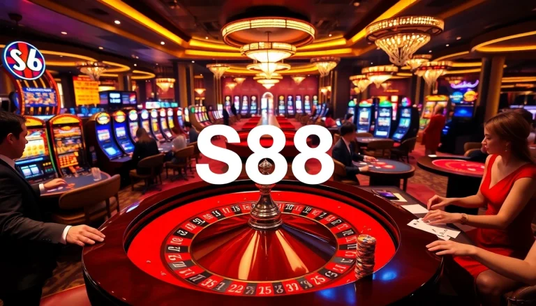 Exciting S88 casino gaming scene with roulette table and colorful slot machines.