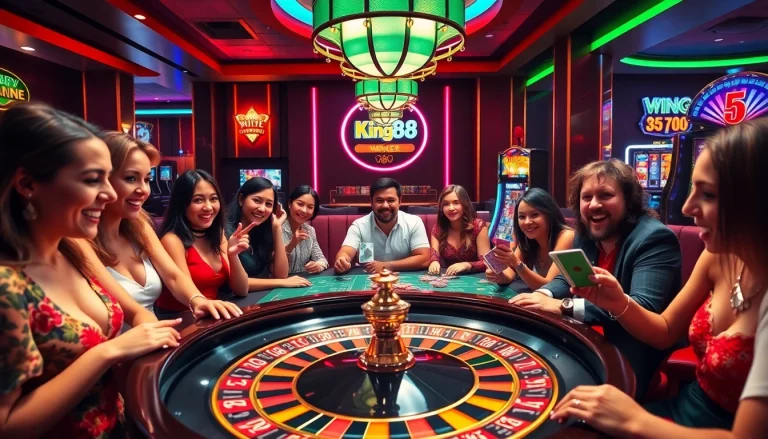 Experience the excitement of King88 with vibrant casino gameplay featuring roulette and poker tables.