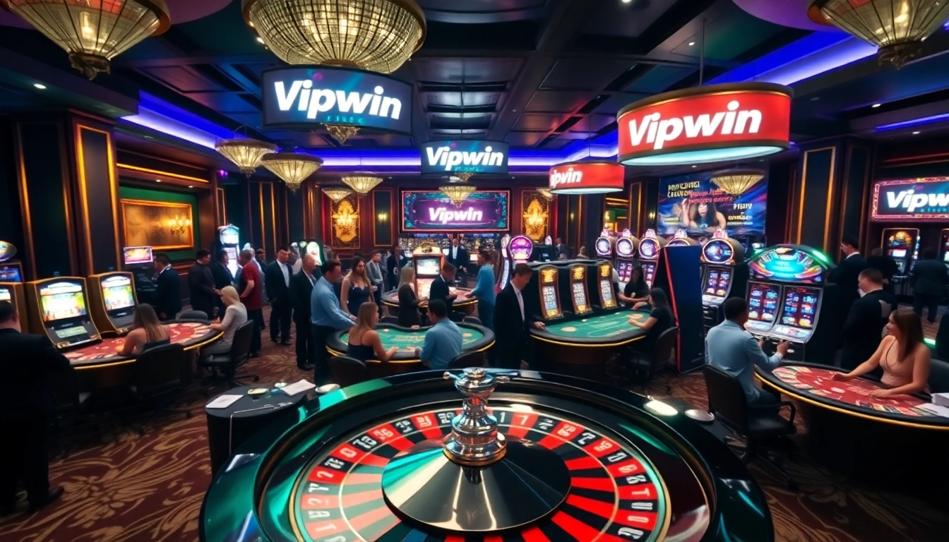 Experience exciting gambling action at Vipwin casino with vibrant slot machines and poker tables.