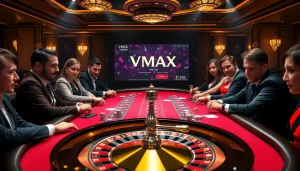 Exciting poker action at a VMAX-themed casino table with chips and cards.